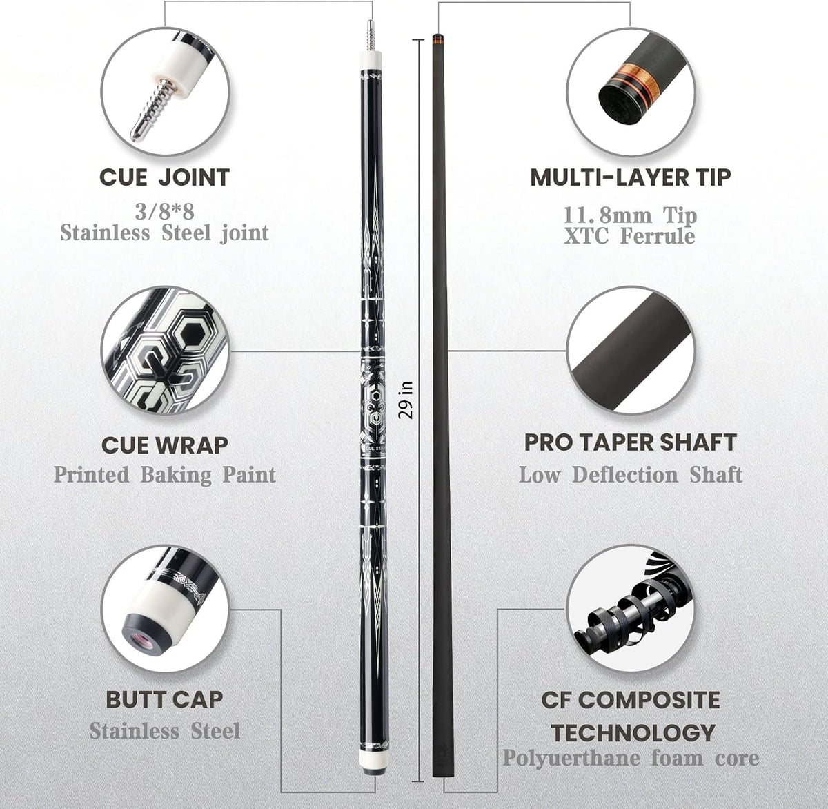 BlkCueShark - Carbon Fiber Pool Cue - JXGM (11.8mm)