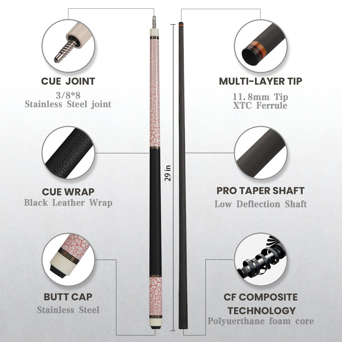Carbon Fiber Pool Cue - Red Crack on White Ground